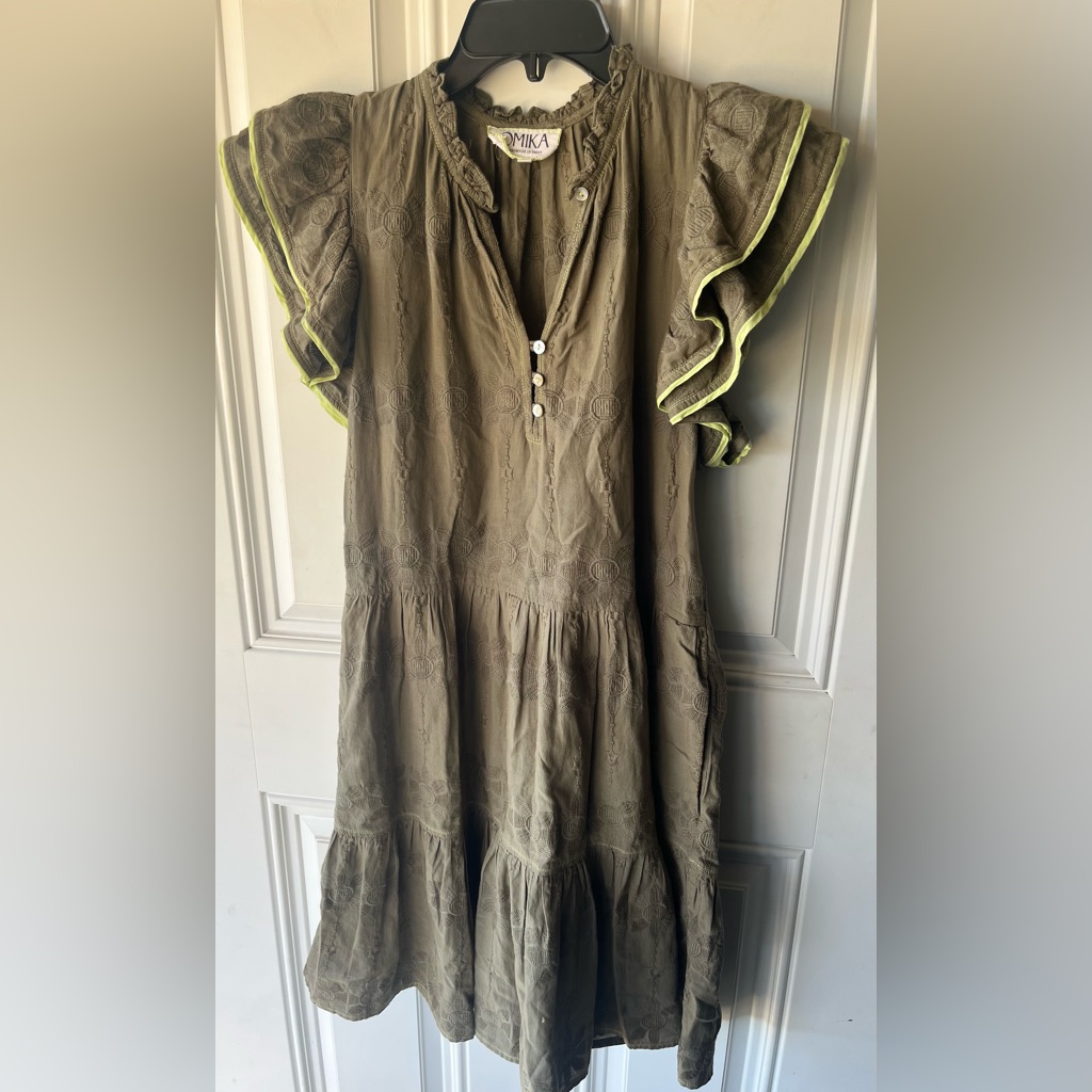 Omika 100% Cotton Mini Dress In Green Ruffle Sleeves Size Large Women’s